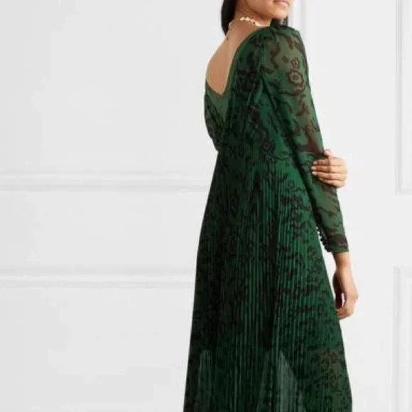 Self-Portrait NWT Green Leopard Chiffon Maxi Dress Long Sleeve Pleated Gown  4